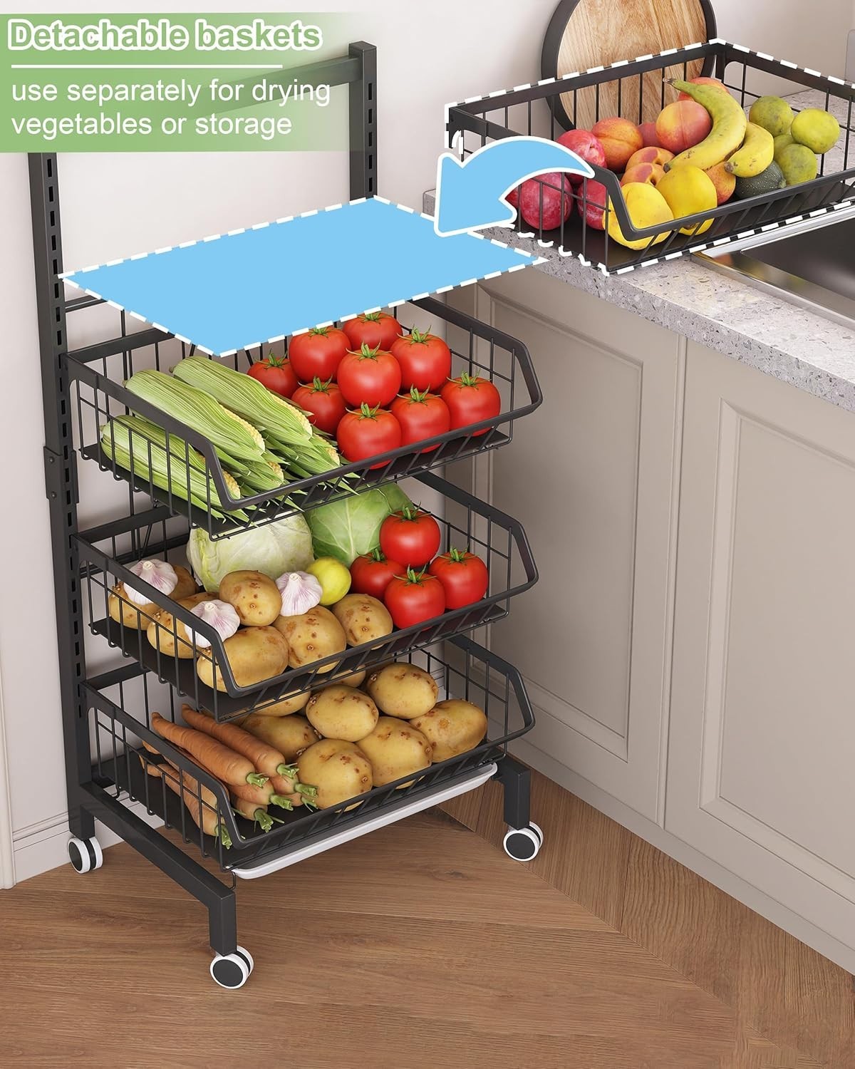 4 Tier Rolling Kitchen Storage Trolley Vegetable Rack Cart Black