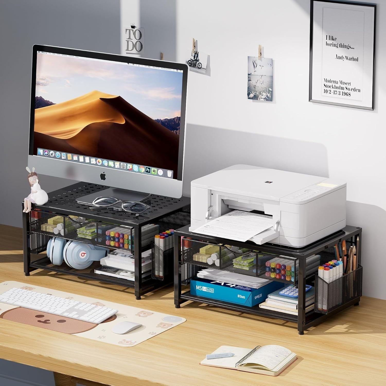 2-Tier Black Desktop Printer Stand with Drawer, Pen & Paper Organizer