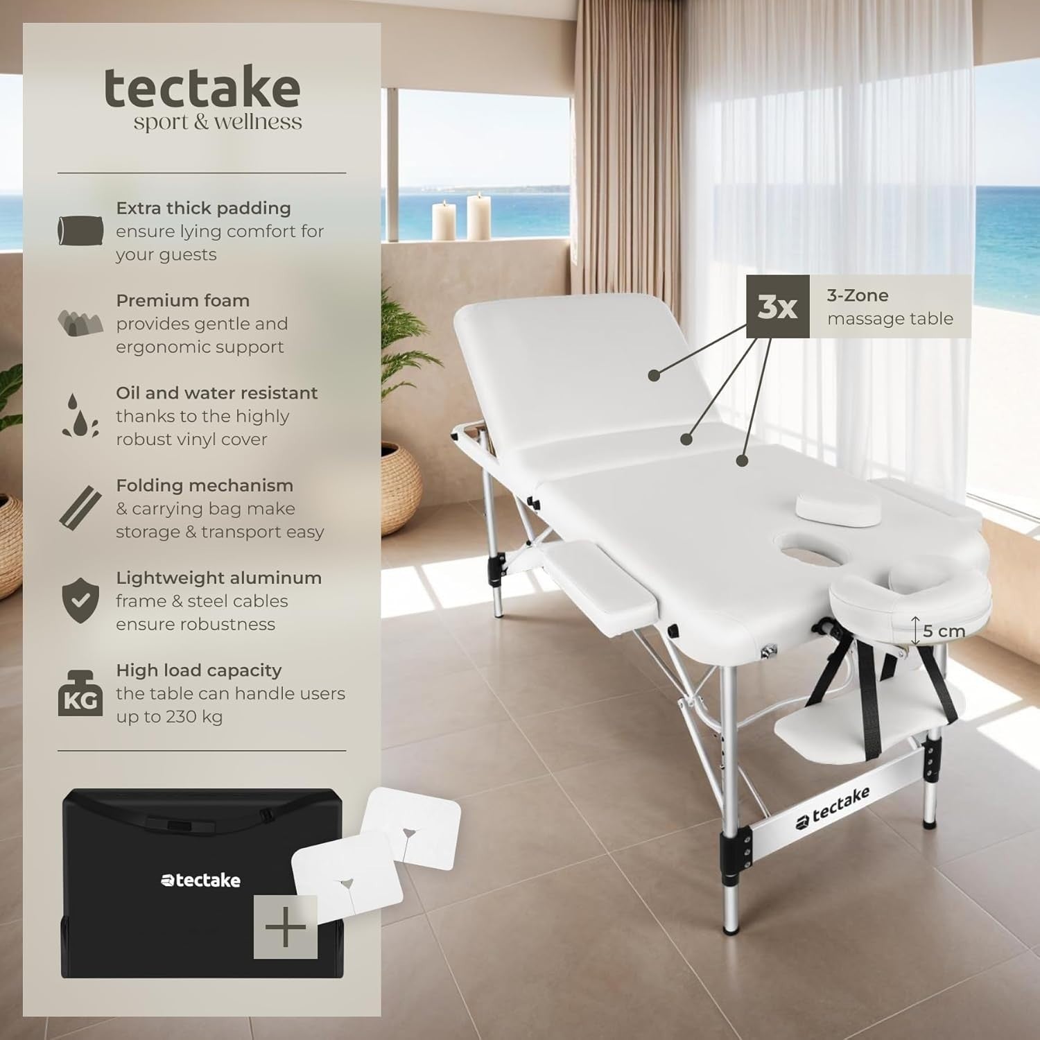 Portable 3 Zone Massage Table Foldable Aluminium Beauty Spa Bed 70cm White