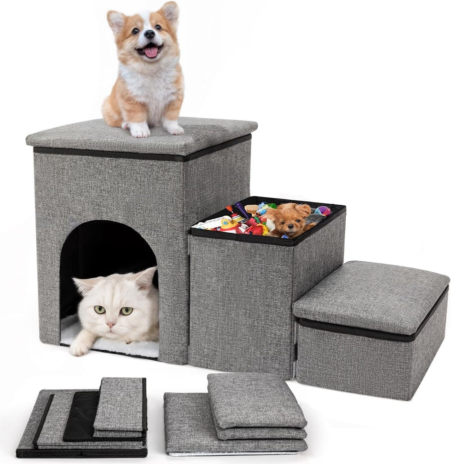 Grey 3 in 1 Dog Stairs with Storage Pet Steps House 78x34x42cm