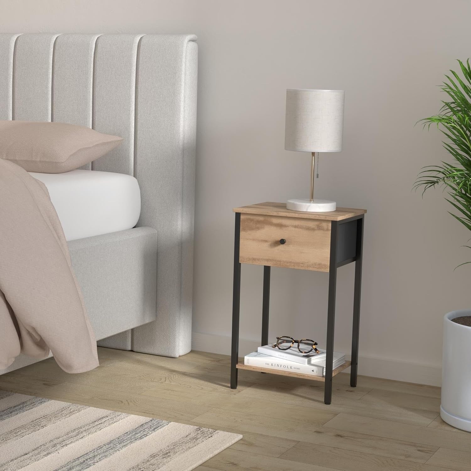 Tall Oak Bedside Table with Drawer & Shelf, Modern 24-Inch Nightstand Storage