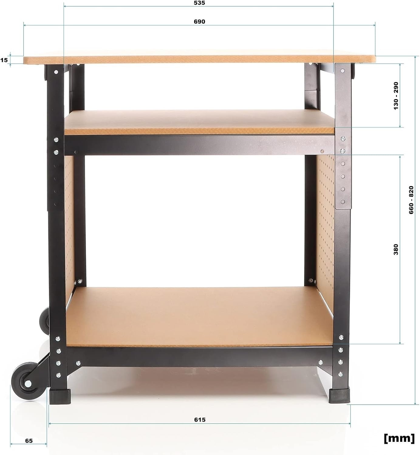 Mobile Adjustable Workbench 66–82cm Steel Table Wheels MDF Top Shelves Pegboard