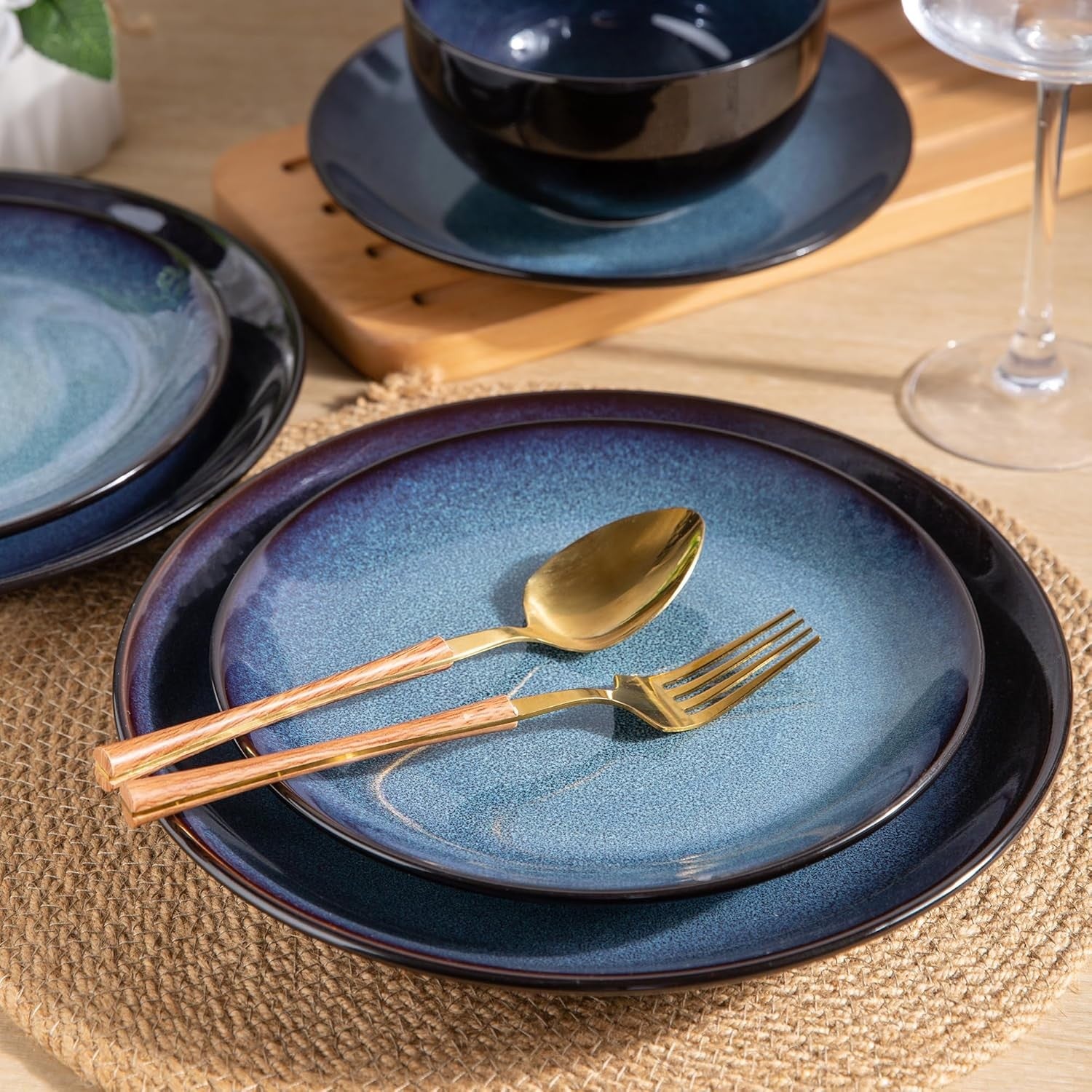 18 Piece Stoneware Dinner Set for 6 Blue Reactive Glaze Plates Bowls