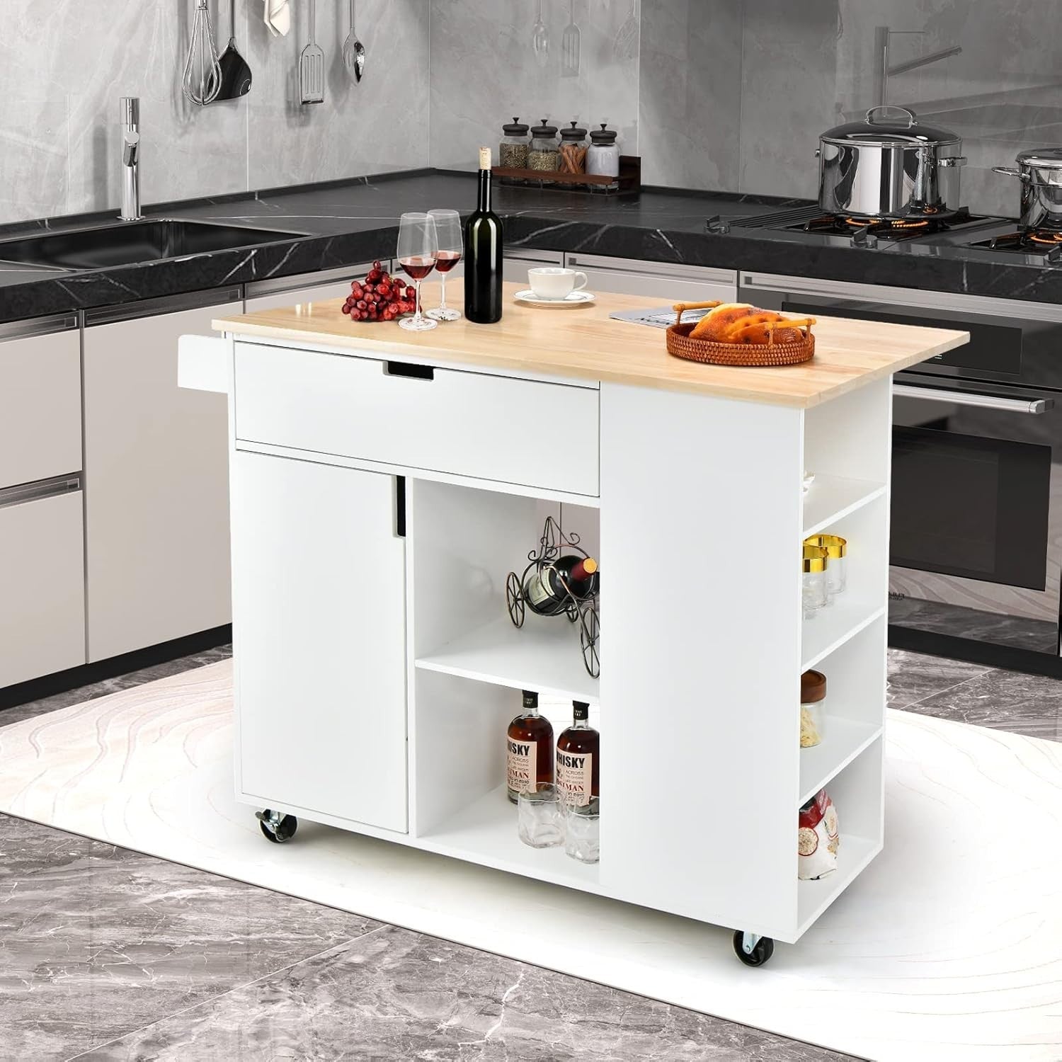 124cm Kitchen Island Cart Extendable Rubber Wood