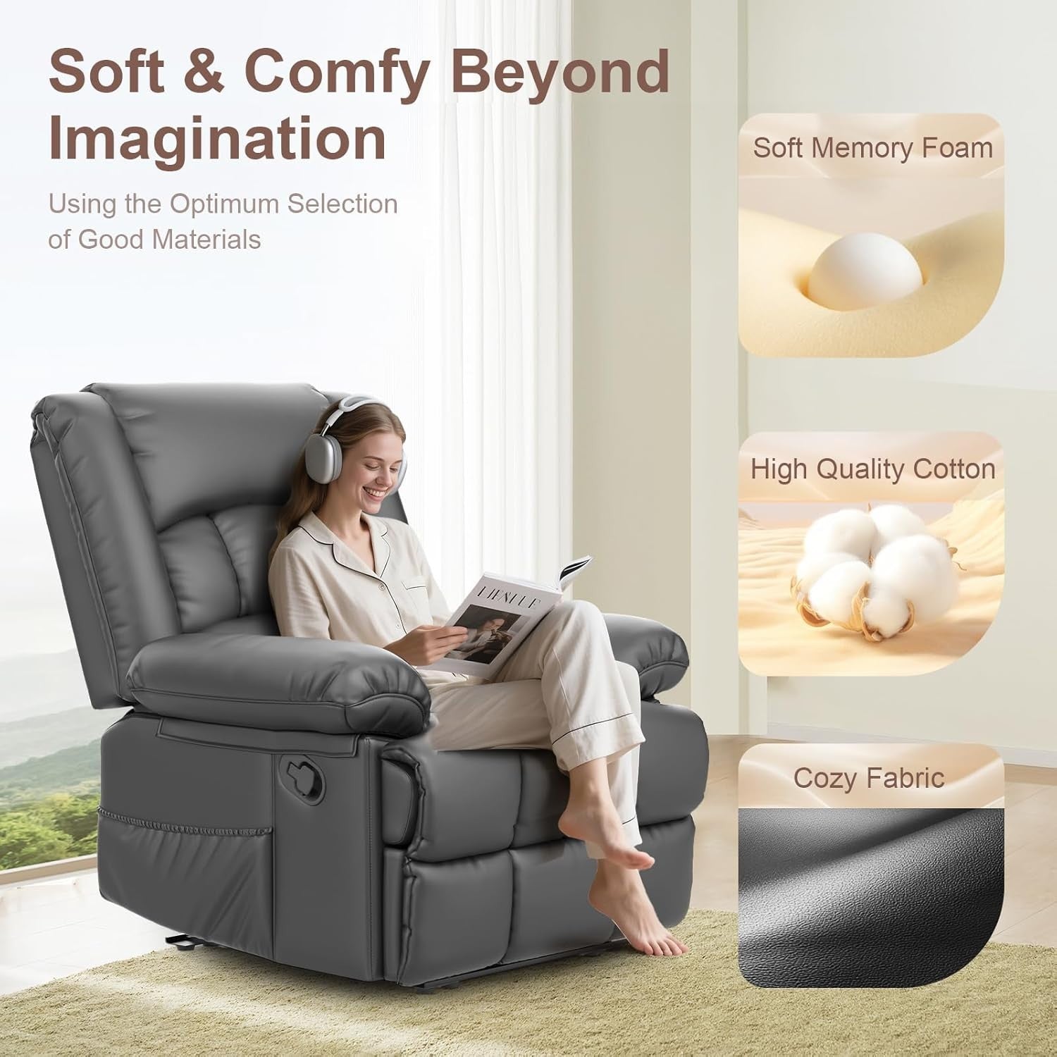 Manual Recliner Chair Massage Heat 135° Recline Footrest Dual Side Pockets Grey