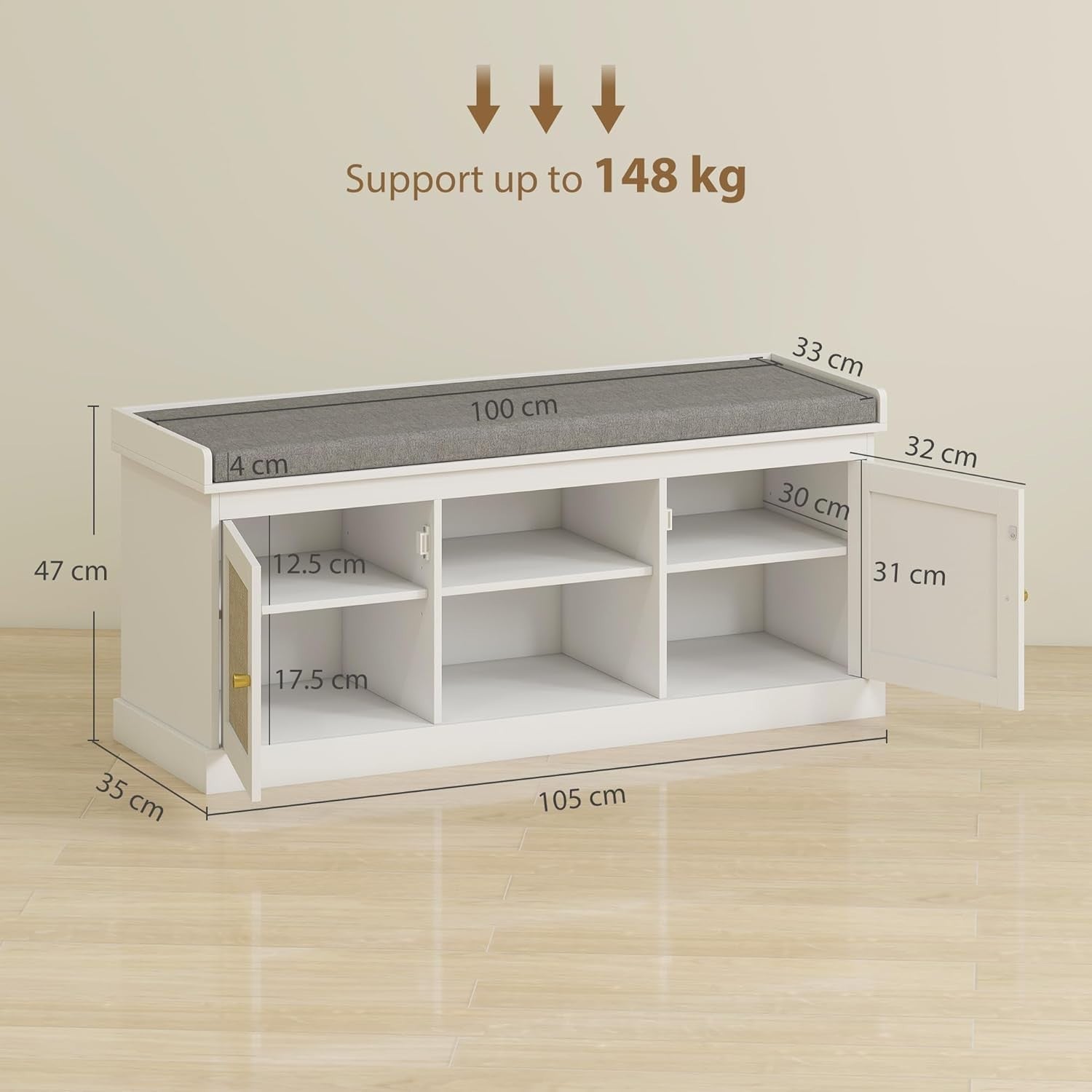 White Shoe Storage Bench with Cushion, Rattan Doors, 9 Pair Rack, Hallway Seat