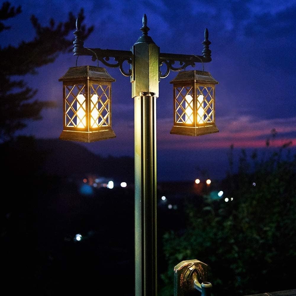 2 Pack Solar Flame Lanterns, Outdoor Waterproof Flickering LED Hanging, Bronze