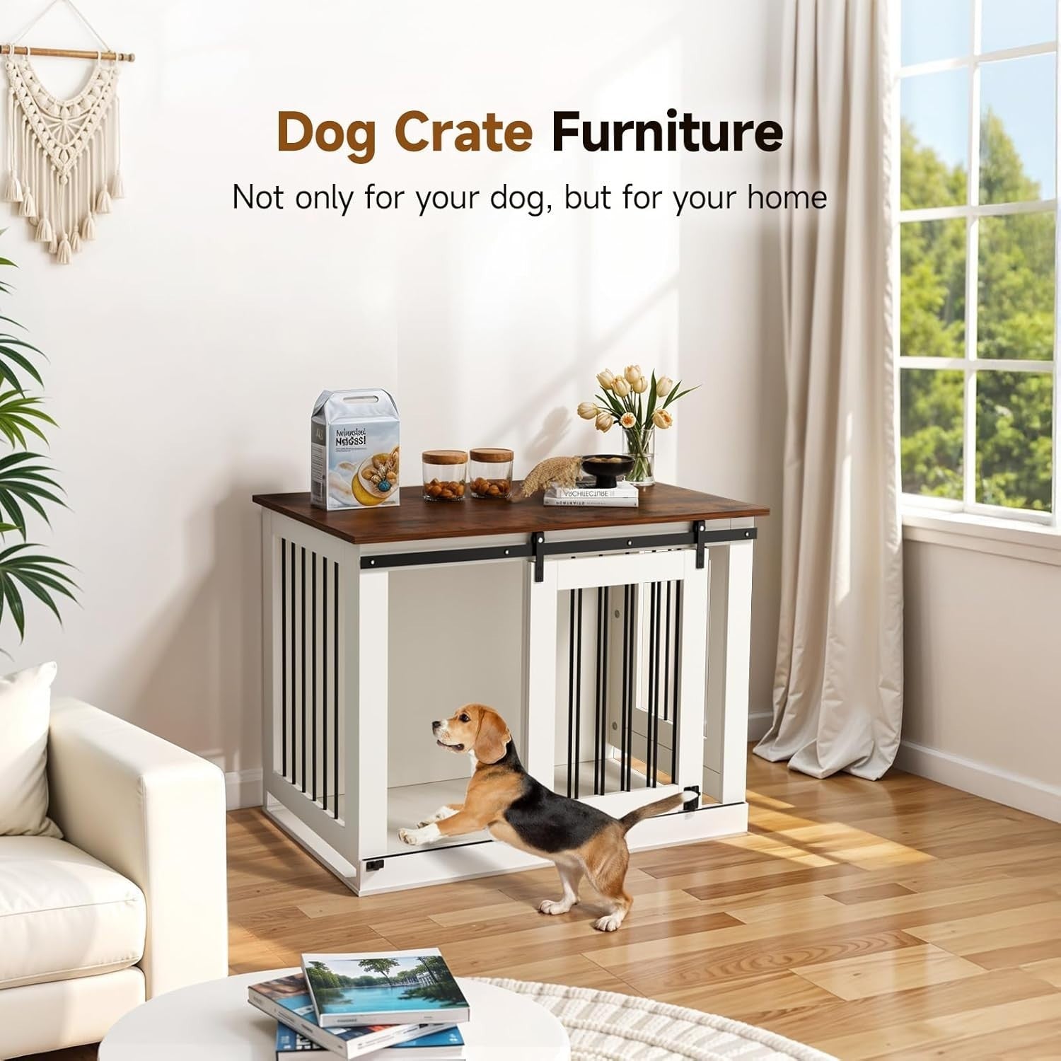 Medium Wooden Dog Crate Furniture 94x63x76cm Indoor Kennel, Sliding Lockable Doo
