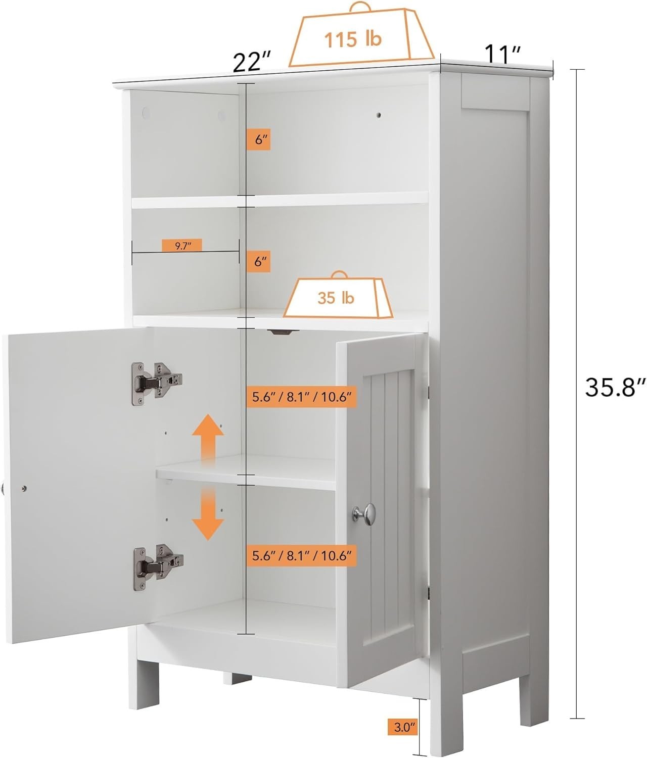 Bathroom Floor Cabinet with Doors & Adjustable Shelves – Durable Storage, 22"x11