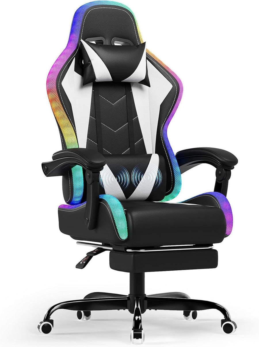 Gaming Chair Recliner w/Footrest, LED RGB Lights, Lumbar Massage, 30-Day Return