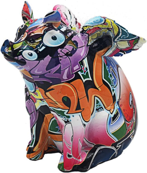 Flying Pig Sitting Graffiti Ornament | Colourful Resin Art Figurine Home Decor