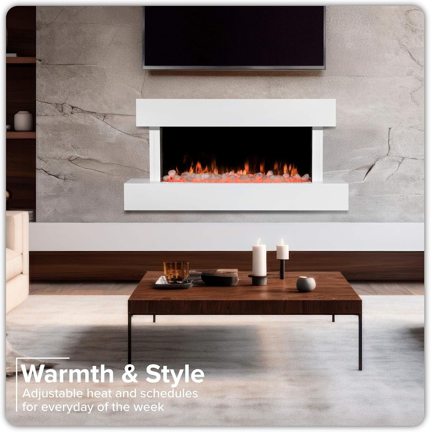 46" Wall Mounted Electric Fireplace White LED Flame Heater Pebble Log