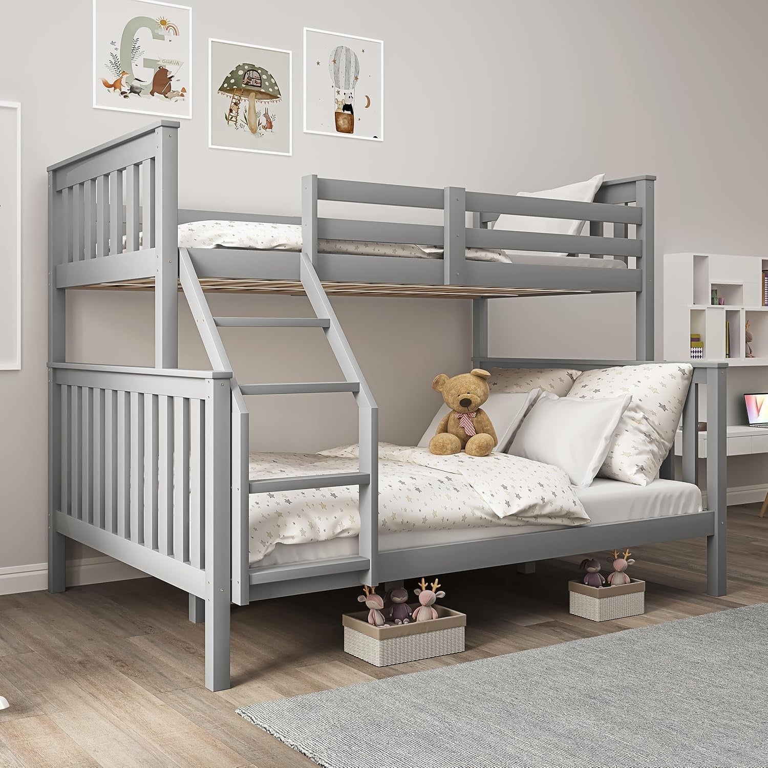 Triple Bunk Bed With 2x Mattress, Wooden Frame 4ft6 & 3ft Kids Sleeper