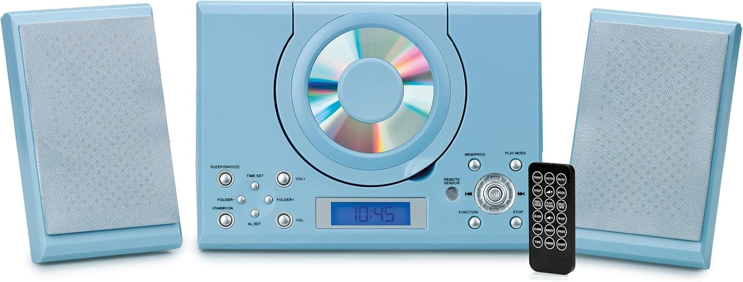 HiFi CD Player Speakers FM Radio USB AUX Alarm Clock Remote Blue