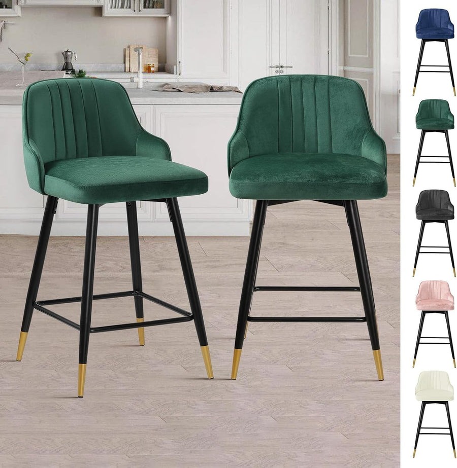 Green Velvet Swivel Bar Stools Set of 2 – Luxury Kitchen Counter Chairs