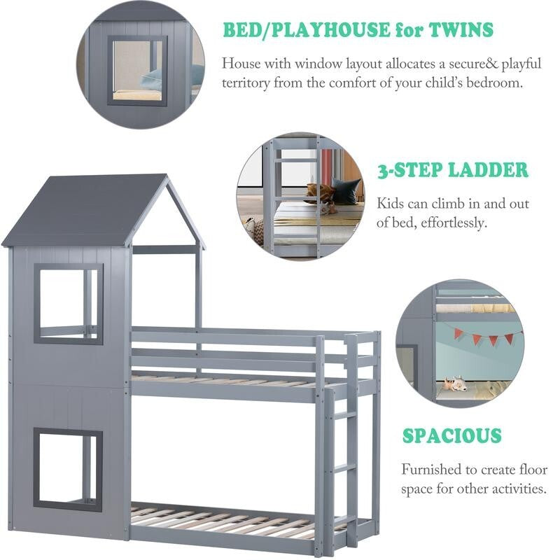 3FT Grey Treehouse Bunk Bed Kids Solid Wood Frame with Canopy Ladder Safety Rail