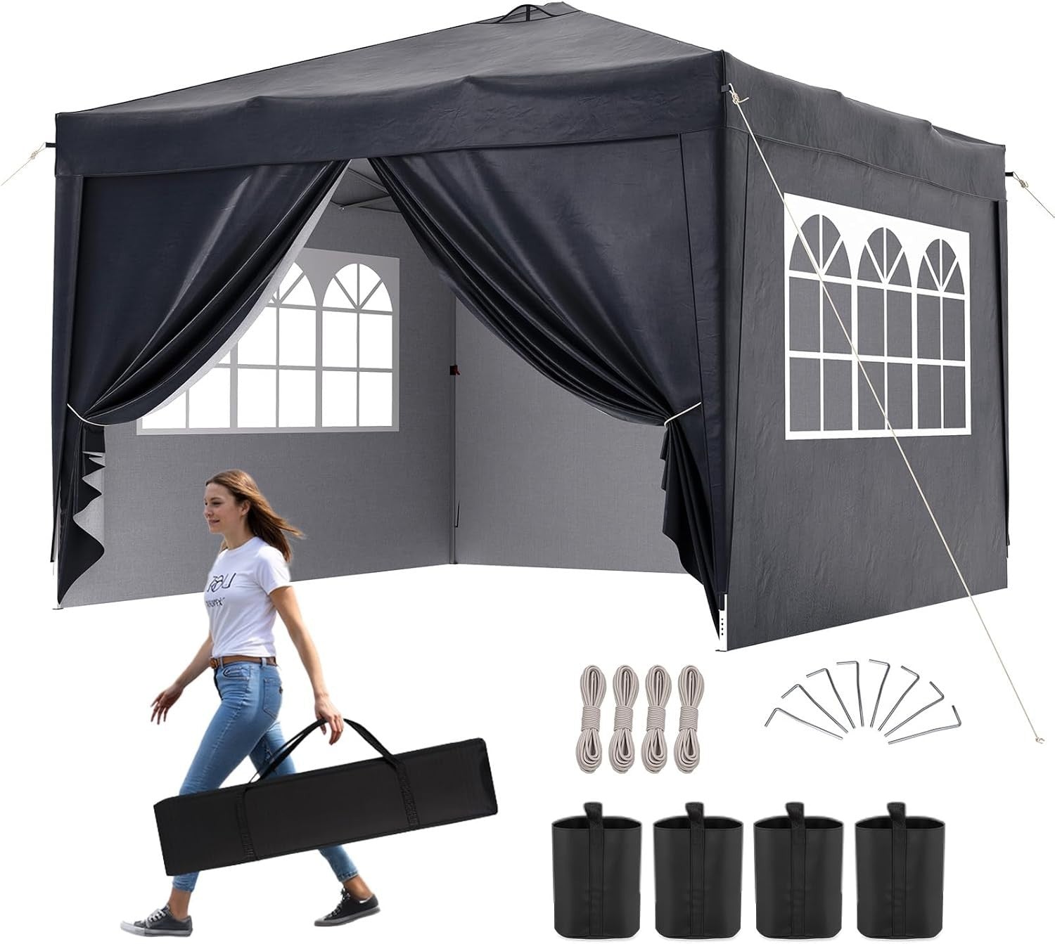 3x3M Grey Gazebo With Sides Mesh Windows Waterproof Garden Party Tent