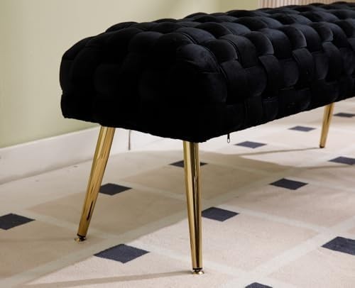 Velvet Ottoman Bench with Gold Metal Legs, Black Upholstered Entryway Seat
