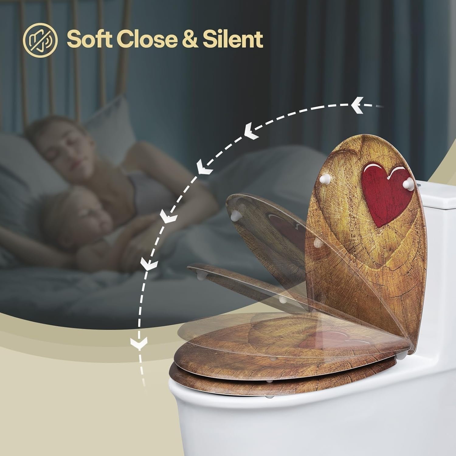 Soft Close O-Shaped Toilet Seat Quick Release Duroplast Rustic Wood Heart Print