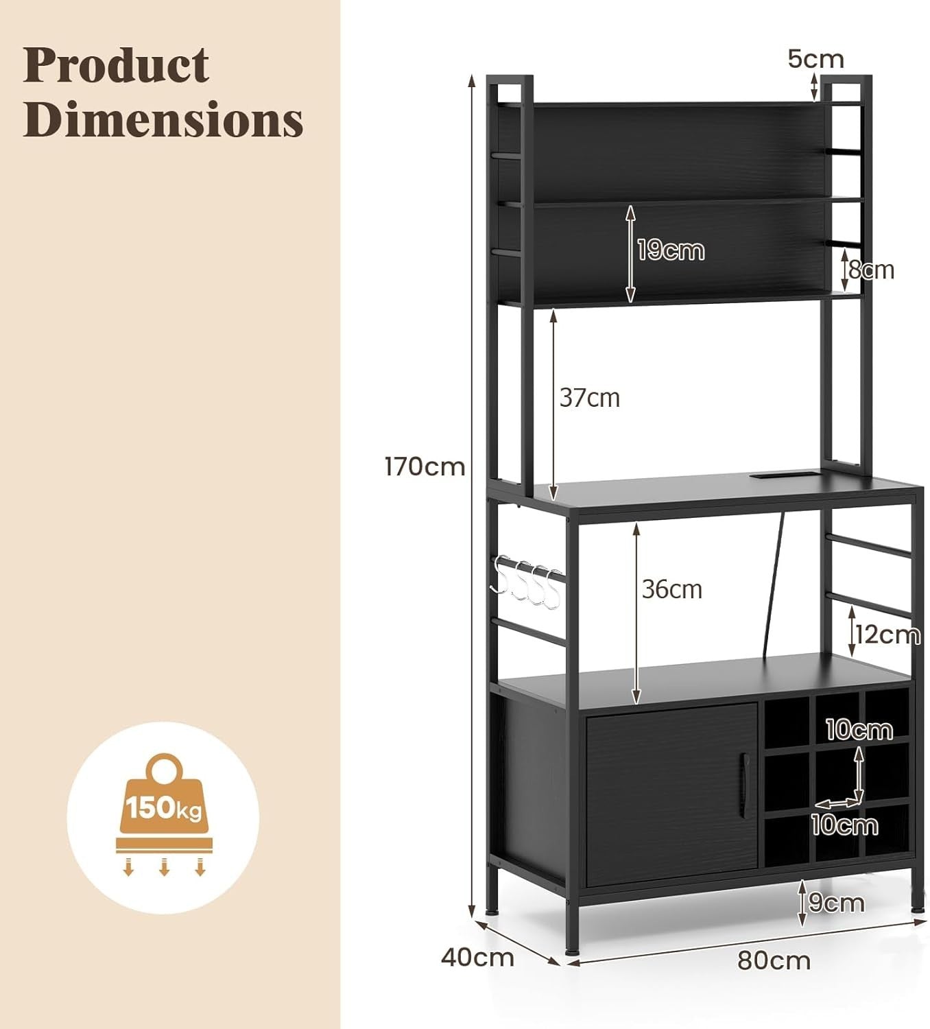 Kitchen Baker’s Rack Wine Bar Cabinet with Power Outlets, Microwave Stand