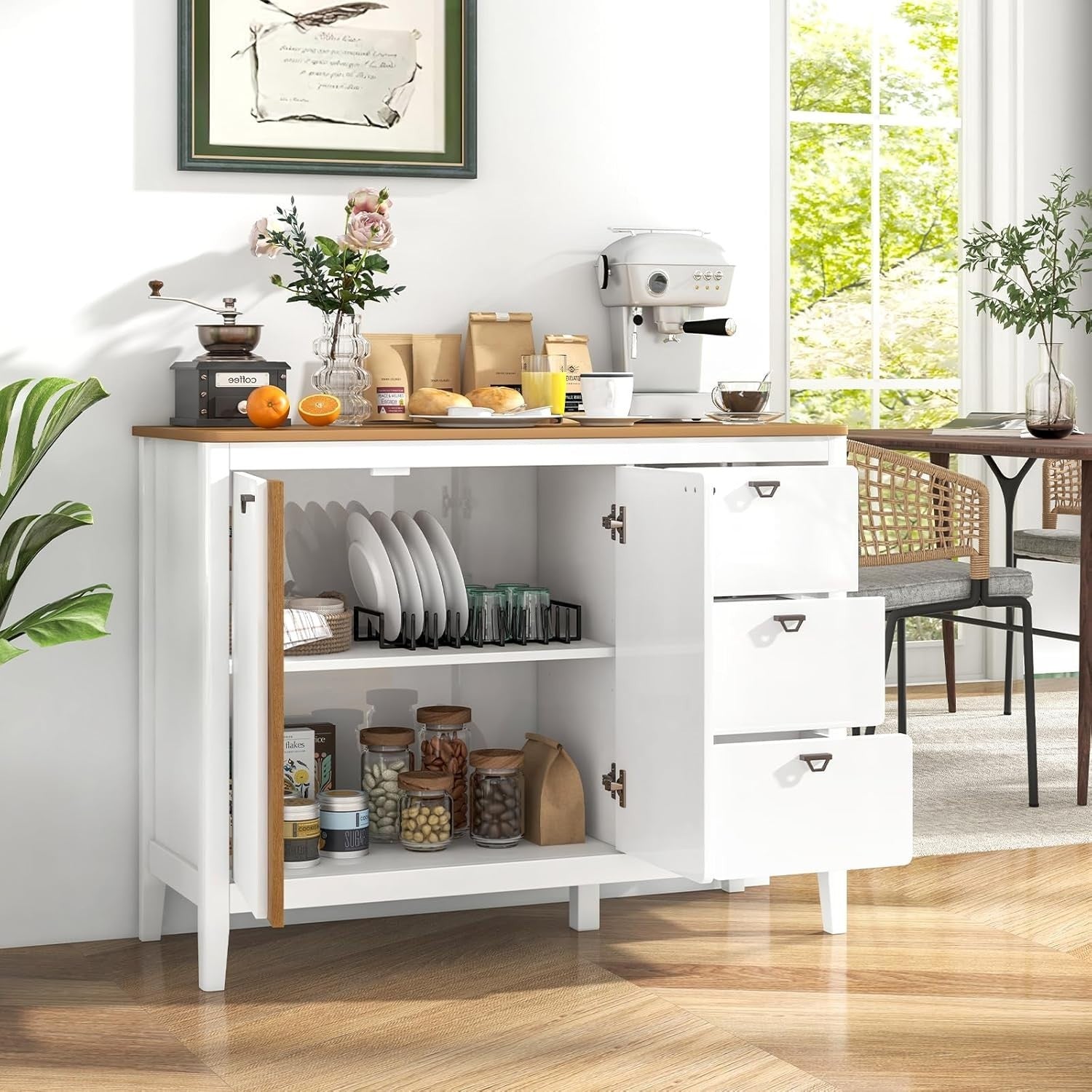 Adjustable Wooden Sideboard Cabinet with 3 Drawers & Large Storage Space