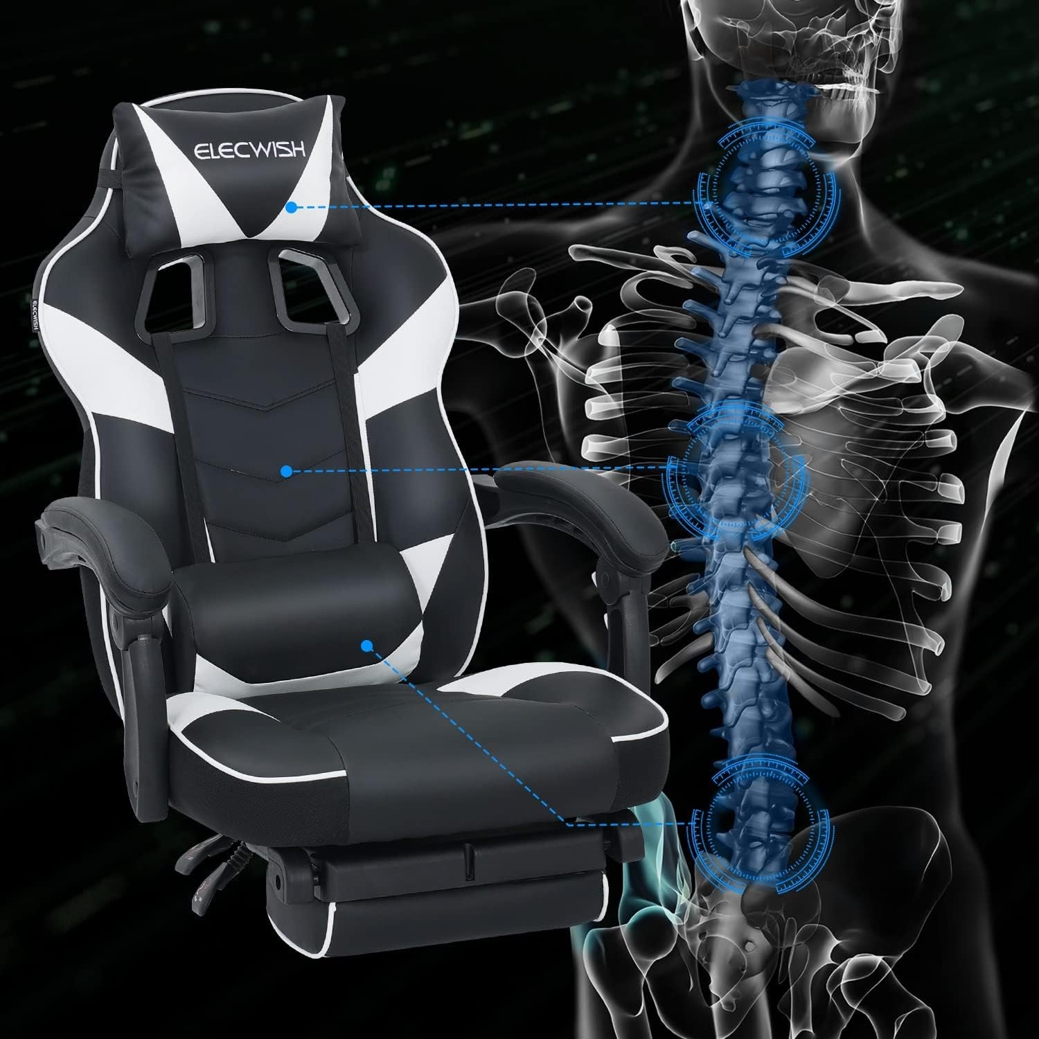 Massage Gaming Chair White Recliner w/ Footrest PU Leather