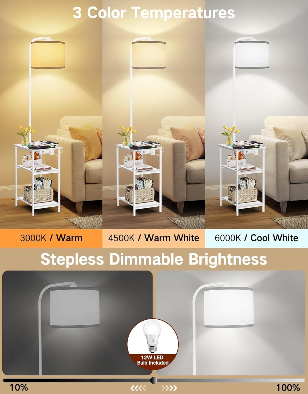 Floor Lamp with Table Remote Charging Station Dimmable LED Nightstand White