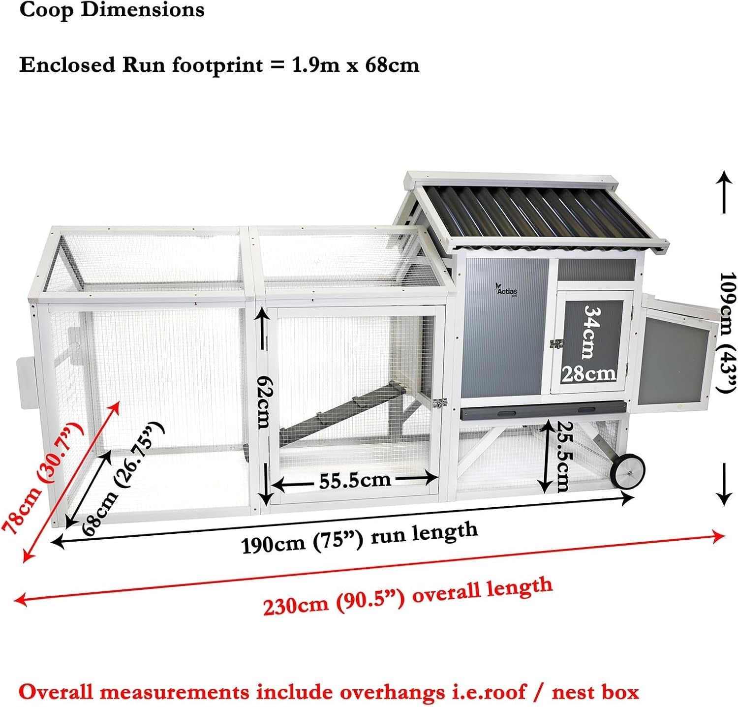 Large Wooden Chicken Coop with Wheels Nest Box 2.3m