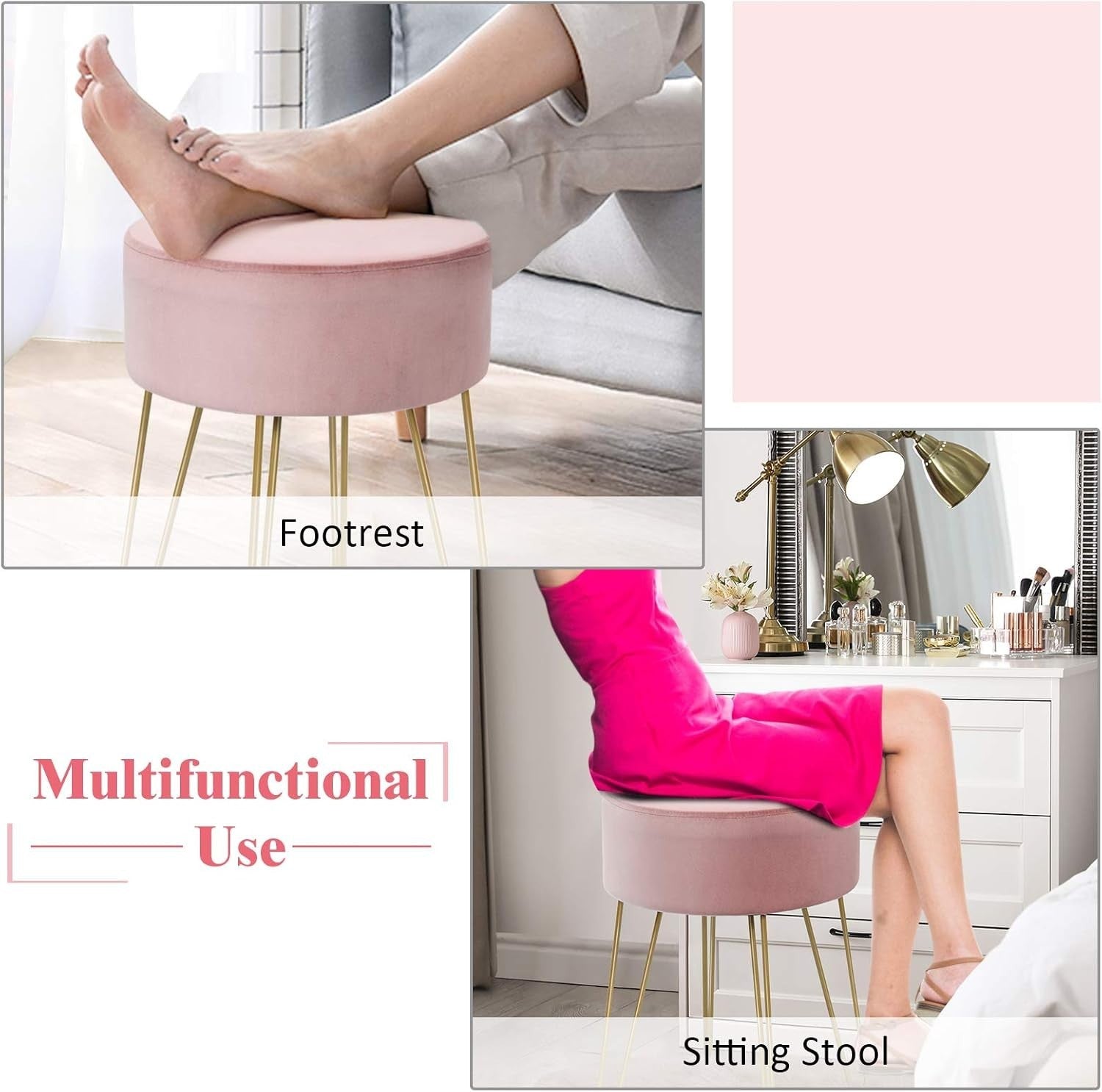 Pink Velvet Round Footstool Modern Dressing Table Stool with Metal Legs