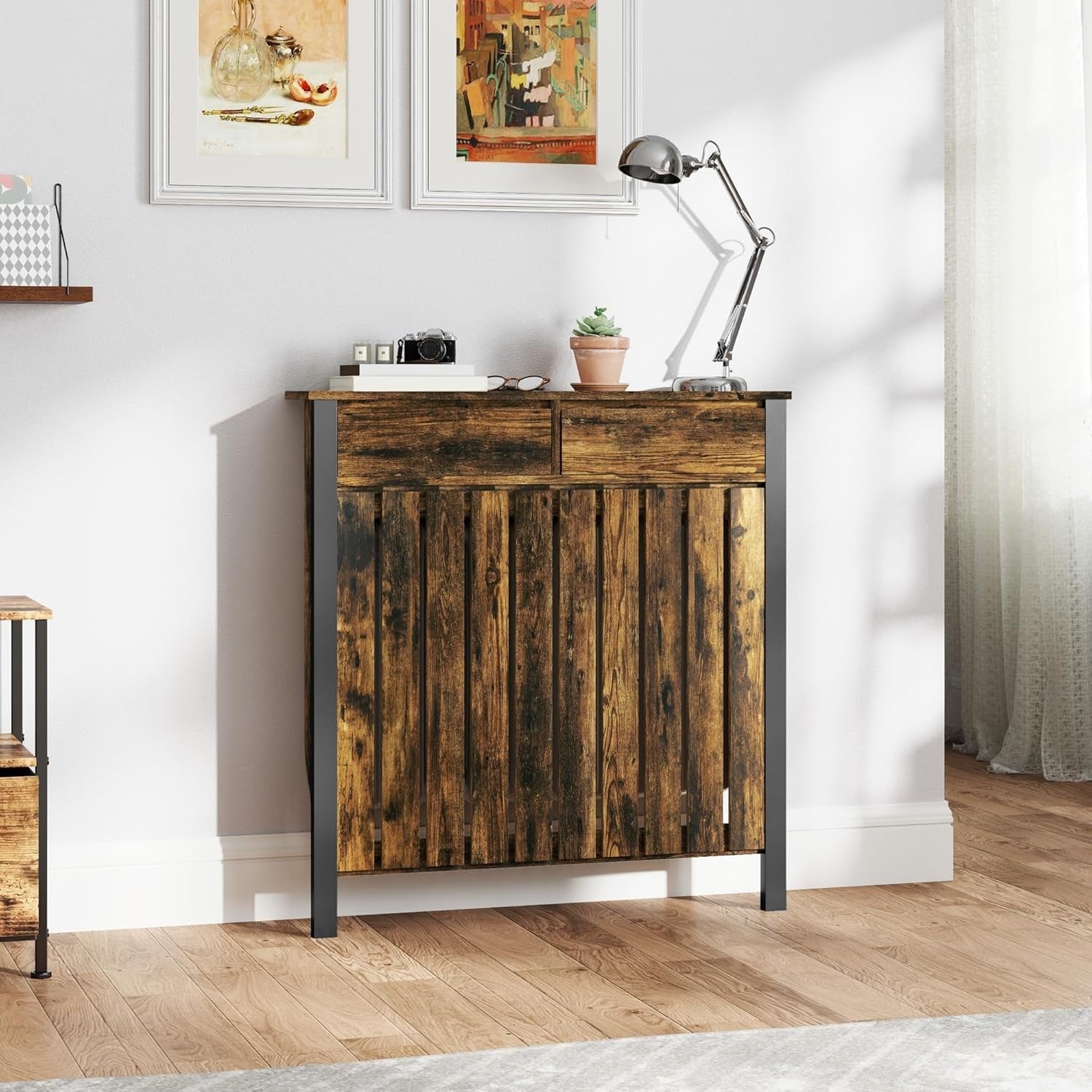 Rustic Brown Radiator Cover with Drawer Industrial Wood Cabinet