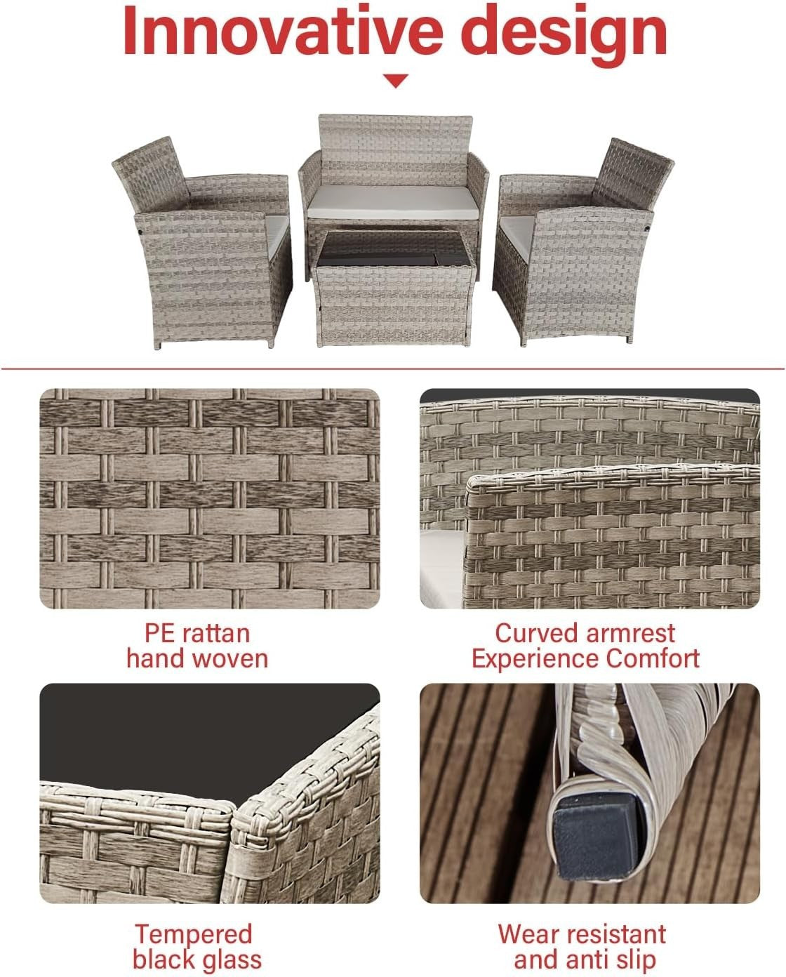 4 Seater Rattan Garden Furniture Set Outdoor Patio Sofa Set with Table