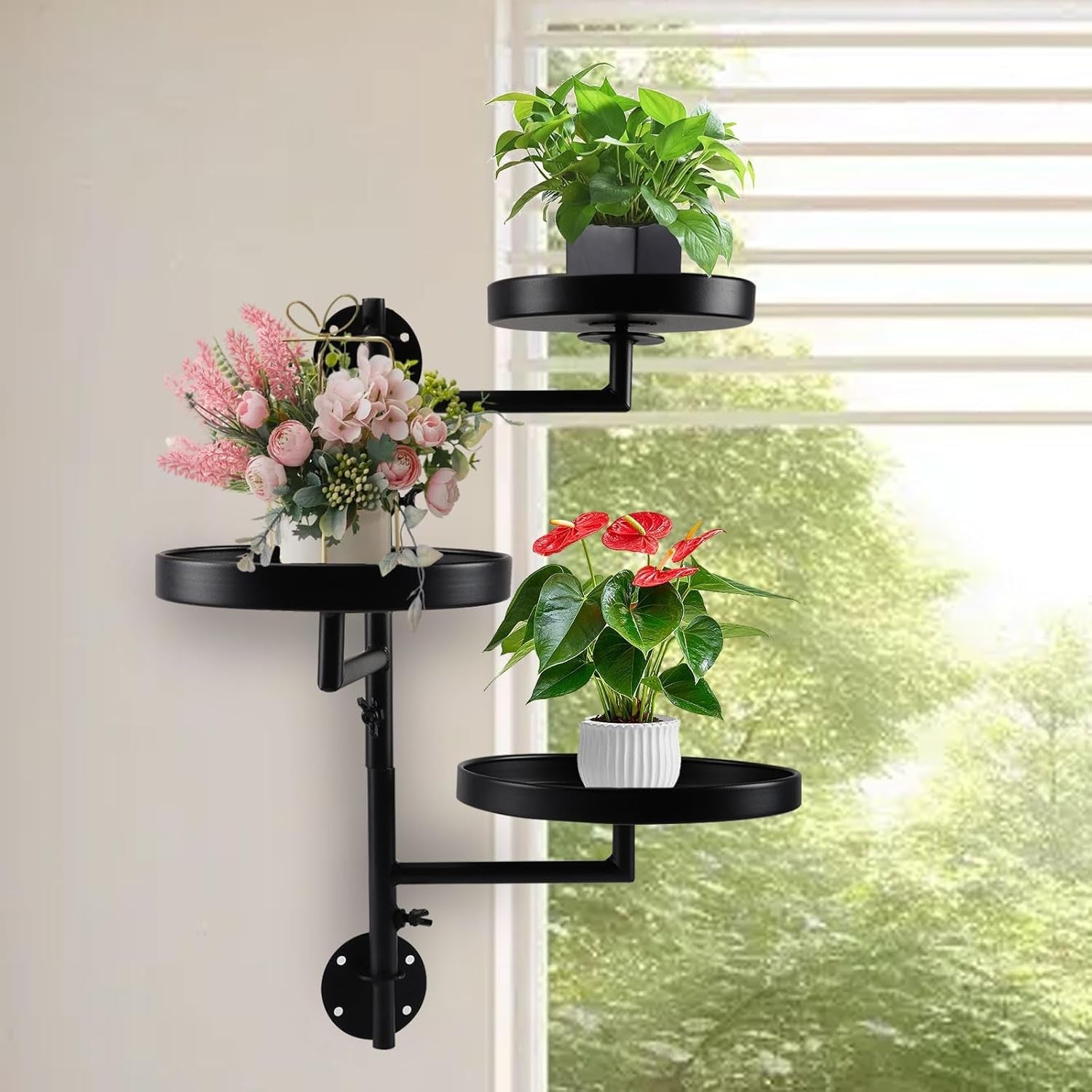 3 Tier Rotating Wall Mounted Metal Plant Stand Indoor Window Flower Shelf