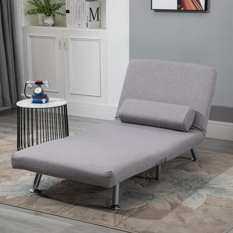 5-Position Folding Chair Bed Grey Guest Sofa Sleeper w/ Pillow & Suede Look