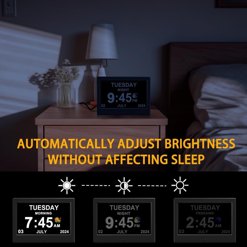 Digital Calendar Alarm Clock Day Date Time Large Display Auto Dim Elderly