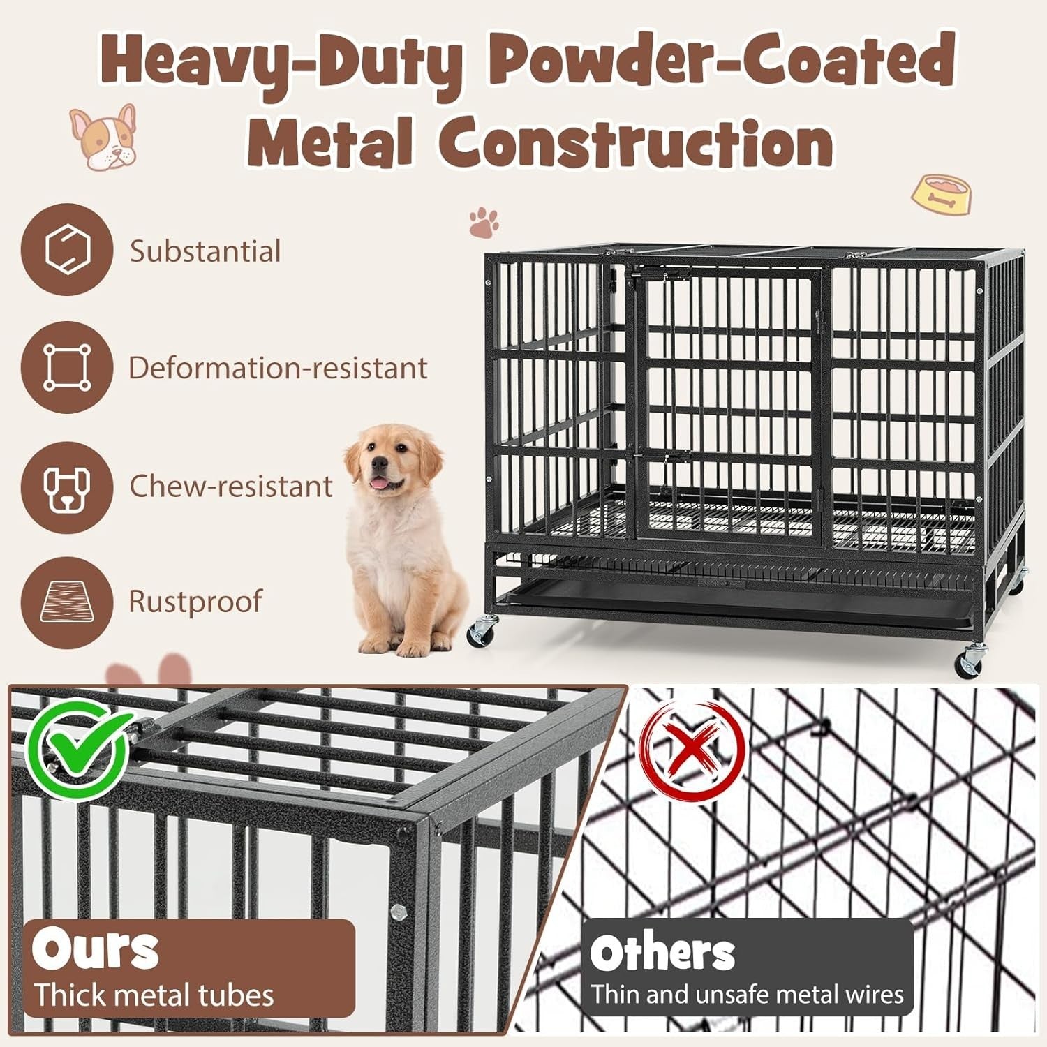 Heavy-Duty Foldable Dog Crate with Lockable Doors & Wheels for Large Dogs
