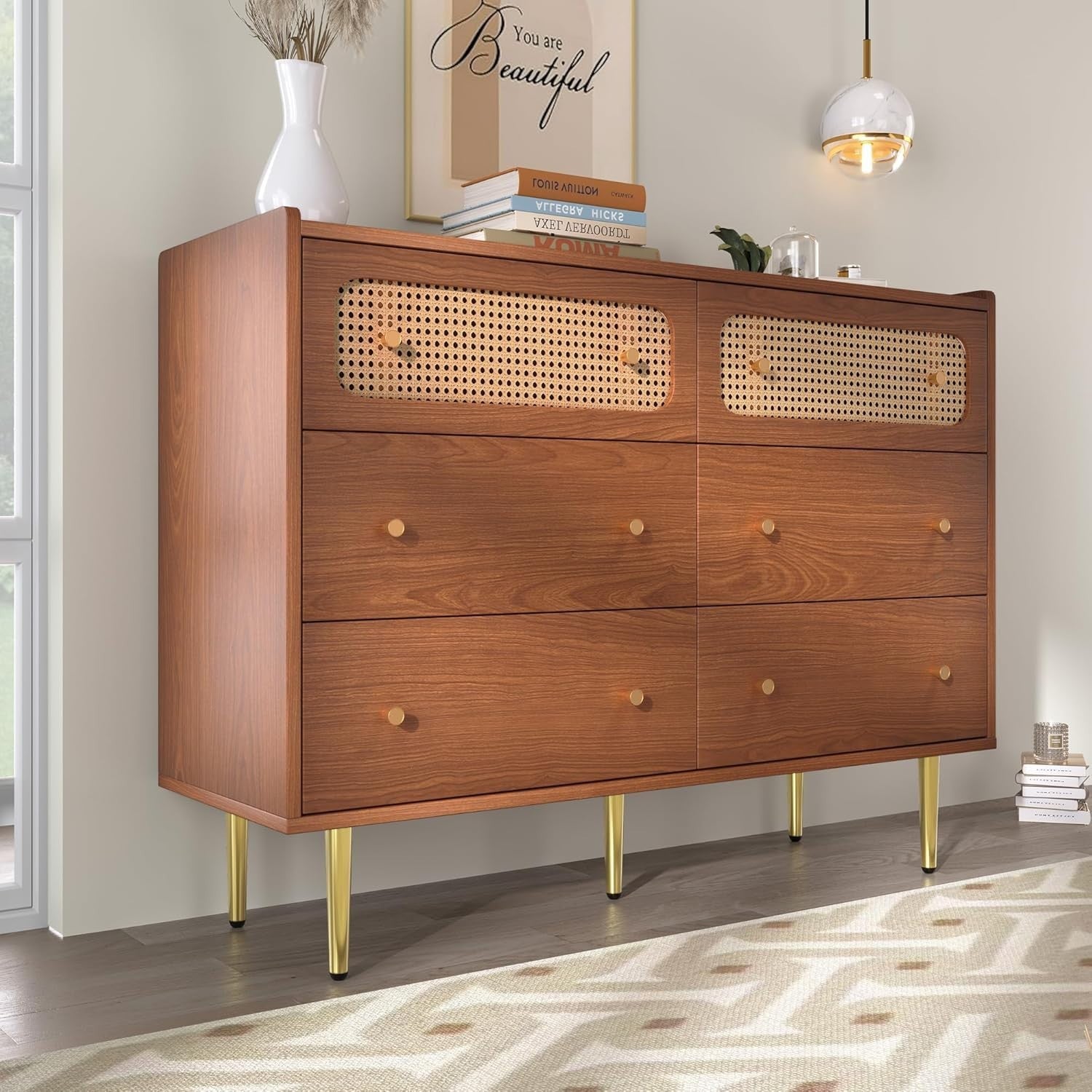 Walnut Rattan Sideboard Cabinet 6 Drawer Chest Storage Unit Modern