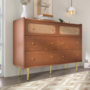Walnut Rattan Sideboard Cabinet 6 Drawer Chest Storage Unit Modern
