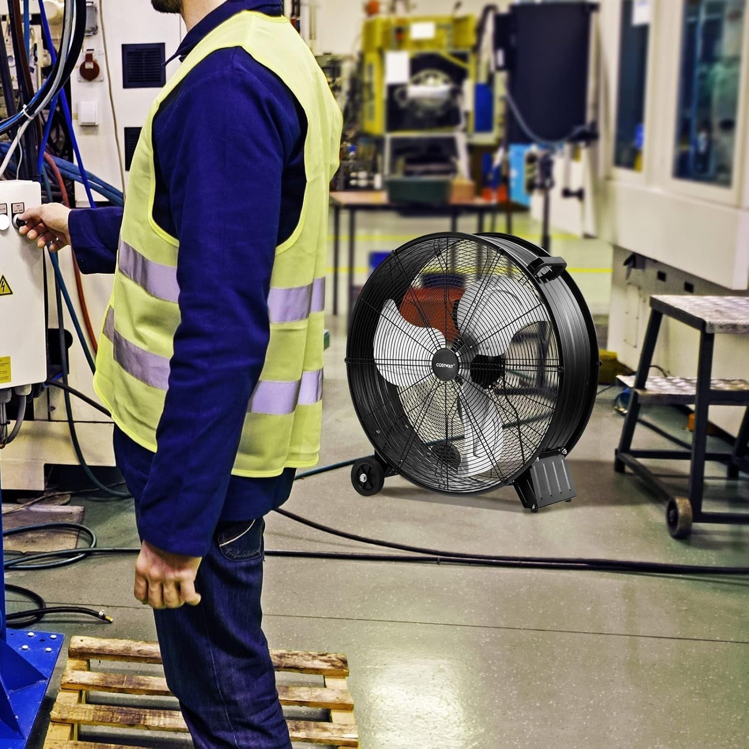 Large 24-Inch Industrial Drum Fan – 3 Speed Metal Floor Cooling Fan with Wheels
