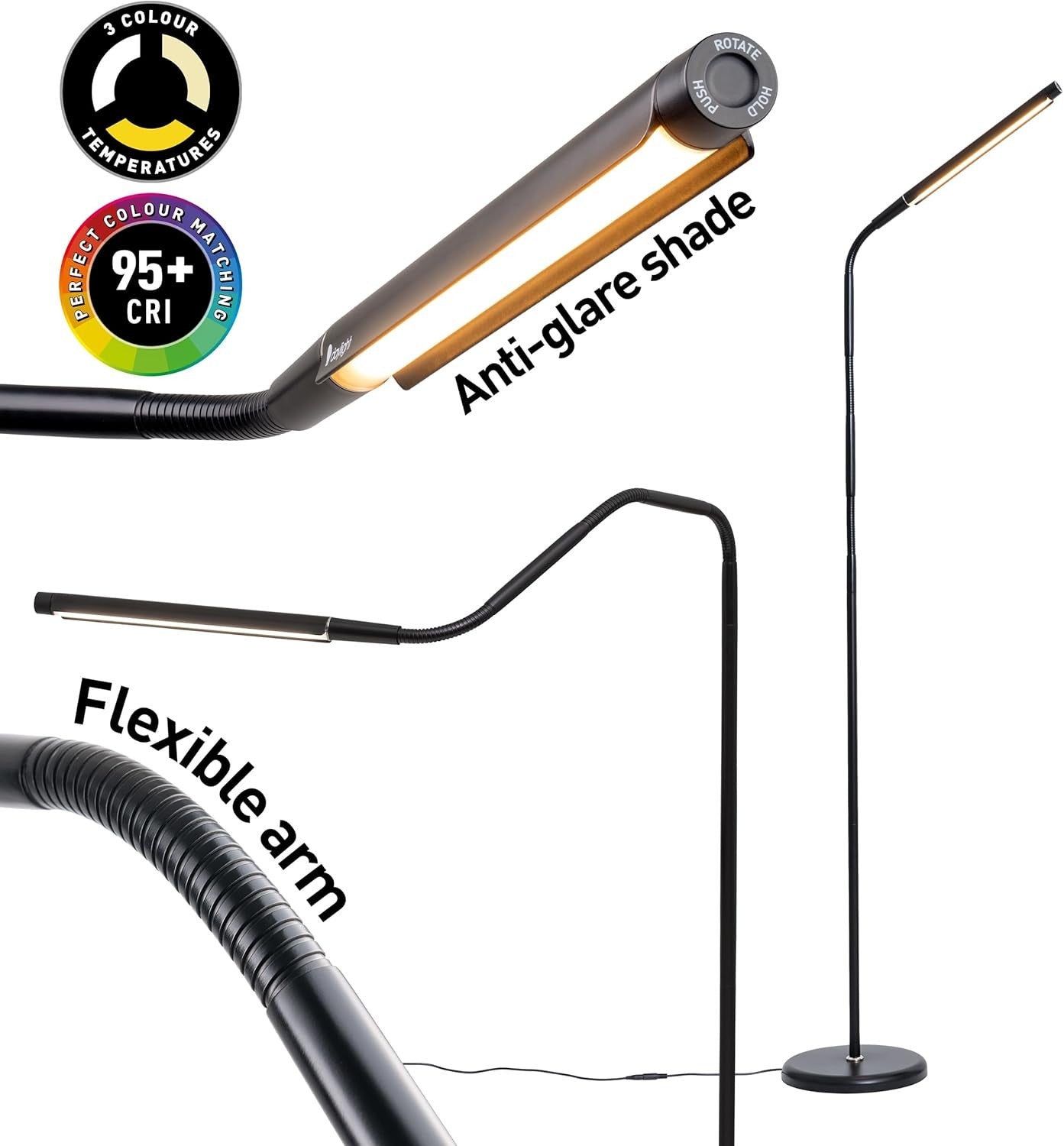 LED Floor Lamp Adjustable Brightness Black Reading Lamp Flexible Arm