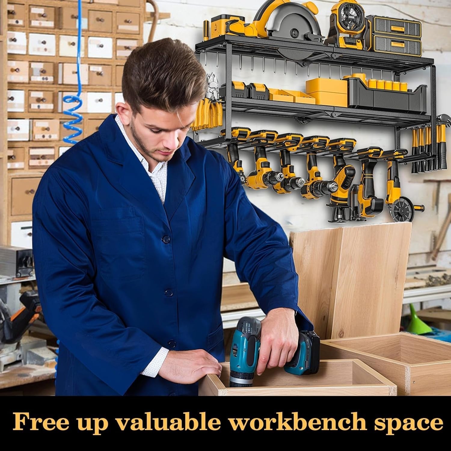 Wall Mount Power Tool Organizer 7 Drill Holders 3 Layers – 150Lbs Load