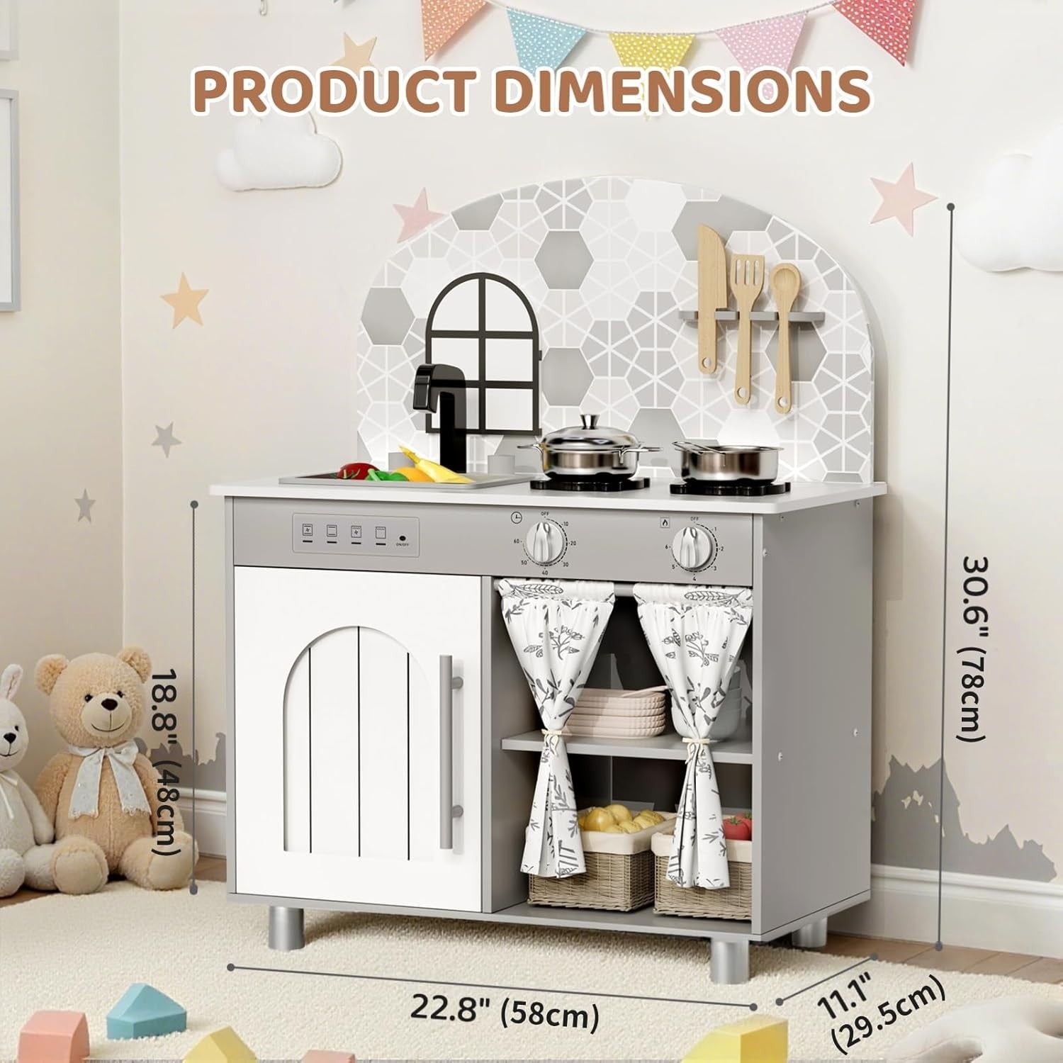 Kids Wooden Play Kitchen w/ Real Sound Stove Grey Toy Set