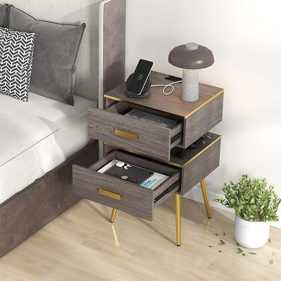 2x LED Smart Bedside Tables with Charging Station | 2-Drawer Modern Nightstands
