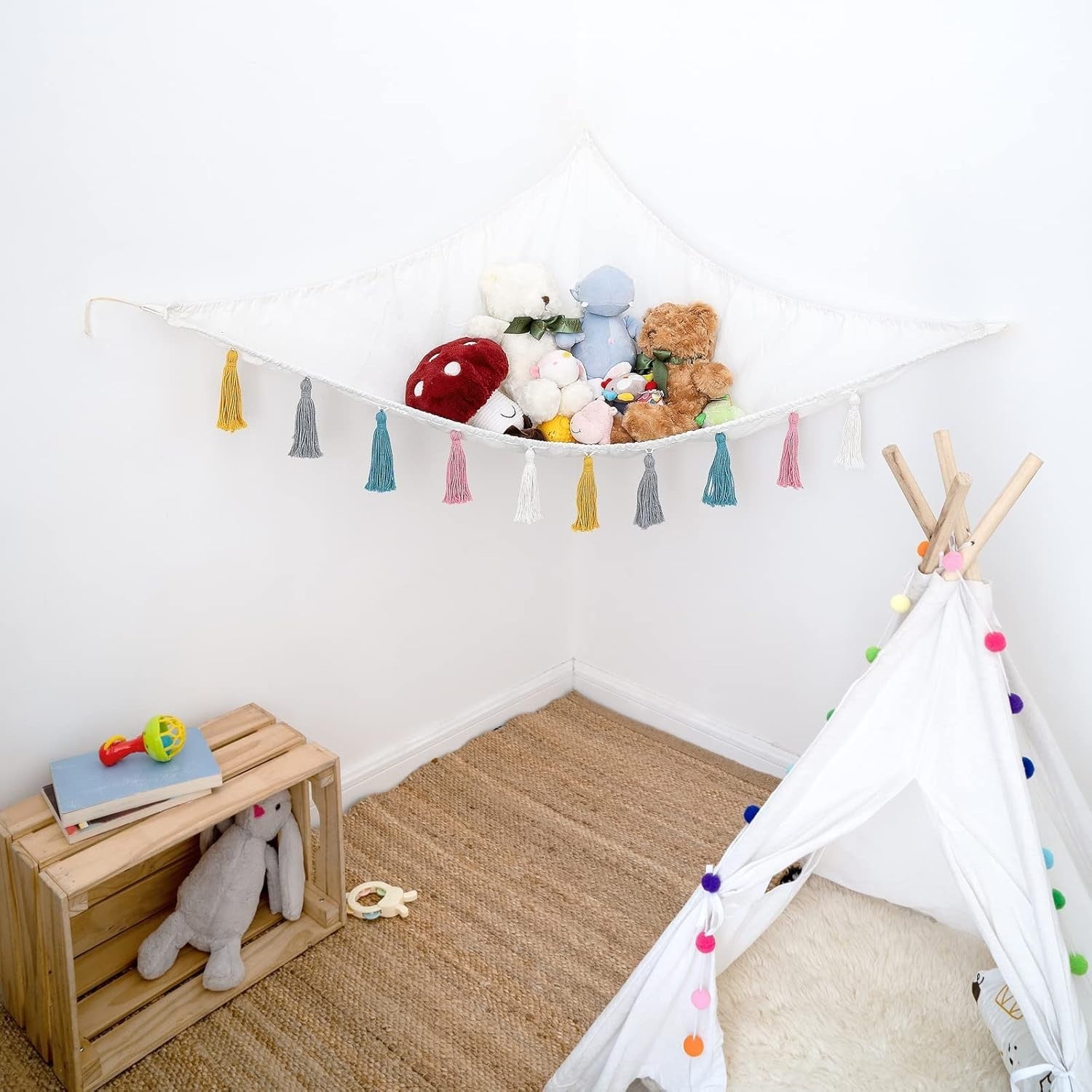 Large Toy Hammock with Tassels – Corner Stuffed Animal Storage Net for Kids Room