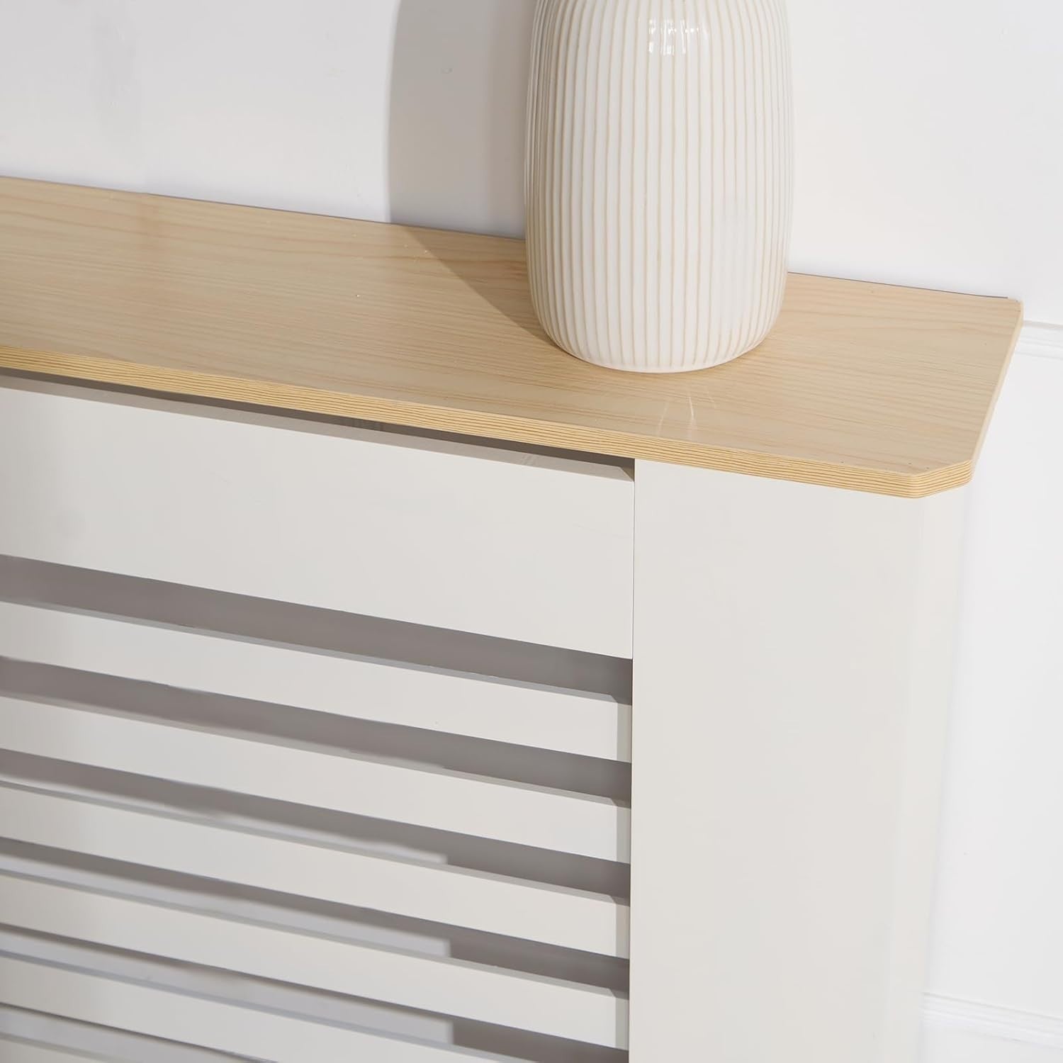Small Cream Radiator Cover with Oak Top 78x19x82cm – Modern MDF Slatted Cabinet