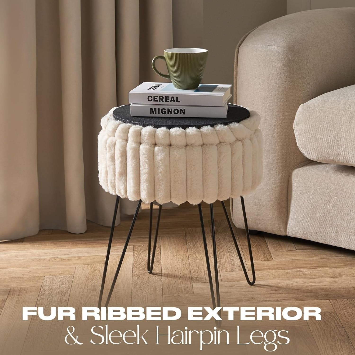 Cream Faux Fur Storage Stool Round Vanity Seat Hairpin Leg Ottoman