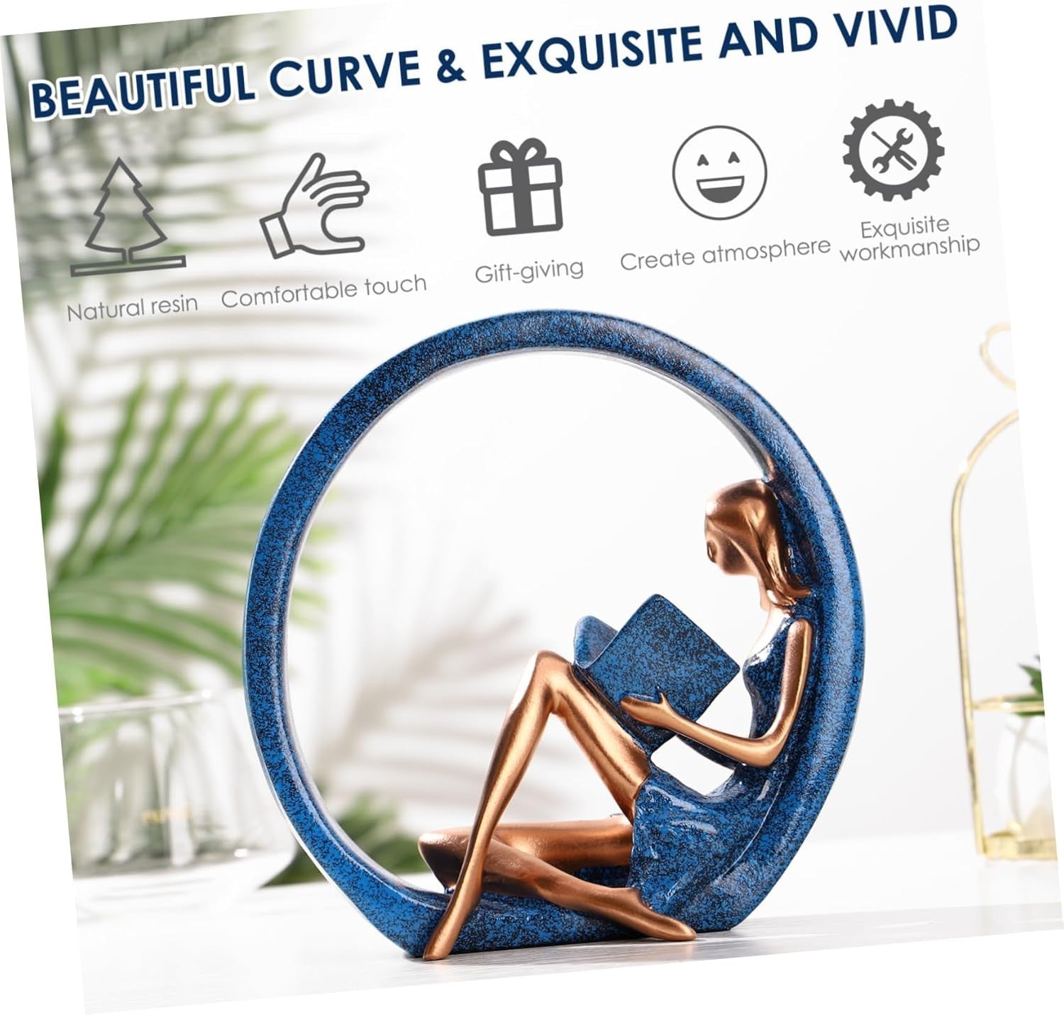 Modern Reading Girl Statue • Blue Resin Ring Sculpture • Elegant