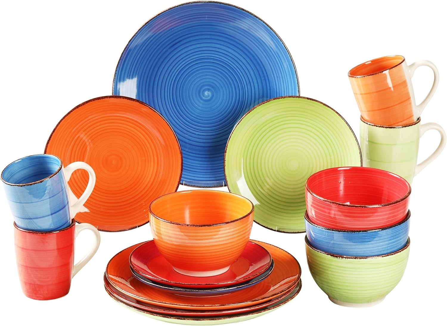 16pc Colourful Dinner Set Plates Bowls Mugs Hand Painted Stoneware Set