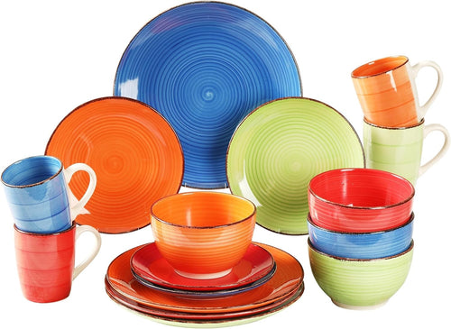 16pc Colourful Dinner Set Plates Bowls Mugs Hand Painted Stoneware Set