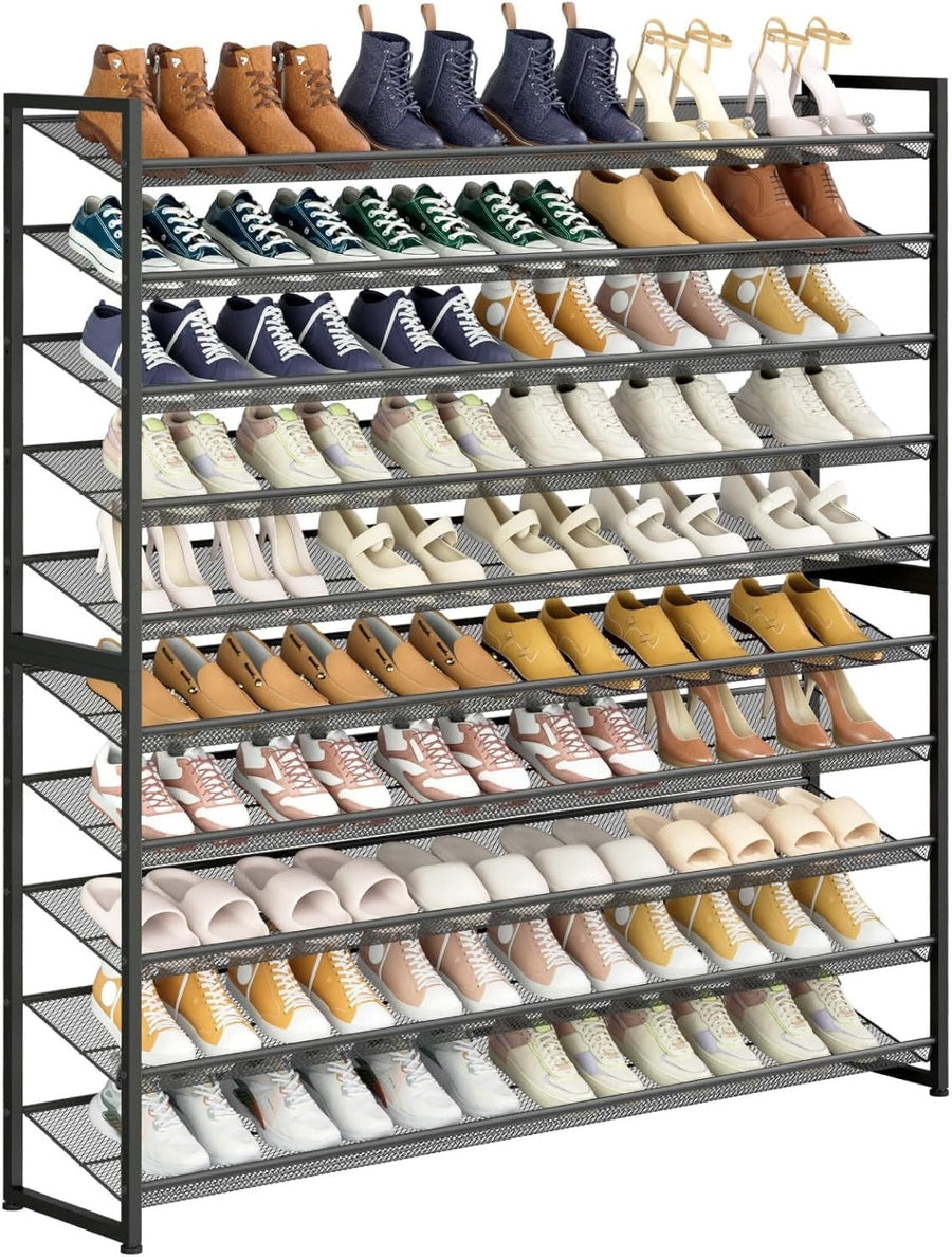 Black 10-Tier Metal Shoe Rack Large 62-Pair Stackable Organizer 114x30x181cm