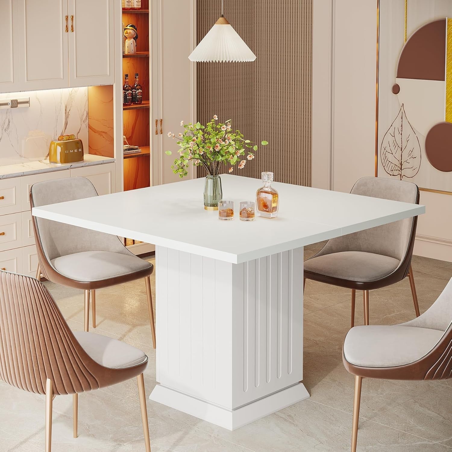 White Square Dining Table 90CM with Placemats, Small Kitchen Pedestal